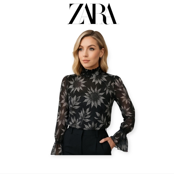 Zara Tops - ZARA Semi-Sheer Mesh Floral High Neck Bell Sleeve Top in Black & White size S
